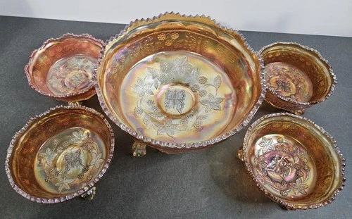 Vtg.Fenton Carnival Glass Butterfly & Berry footed Serving Bowl w/ 4 small bowls