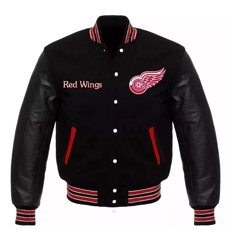 Detroit Red Wings Varsity Jacket Black Wool & Leather Bomber Style Coat