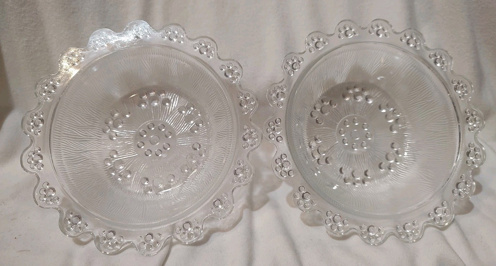 Vintage Clear Glass Bead Hobnail Textured Serving Bowls with Scalloped Edges