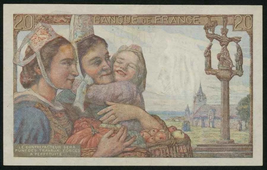 Scarce Currency 1942 France 20 Francs Banknote P100a Breton Fisherman & Women XF - Image 3 of 3