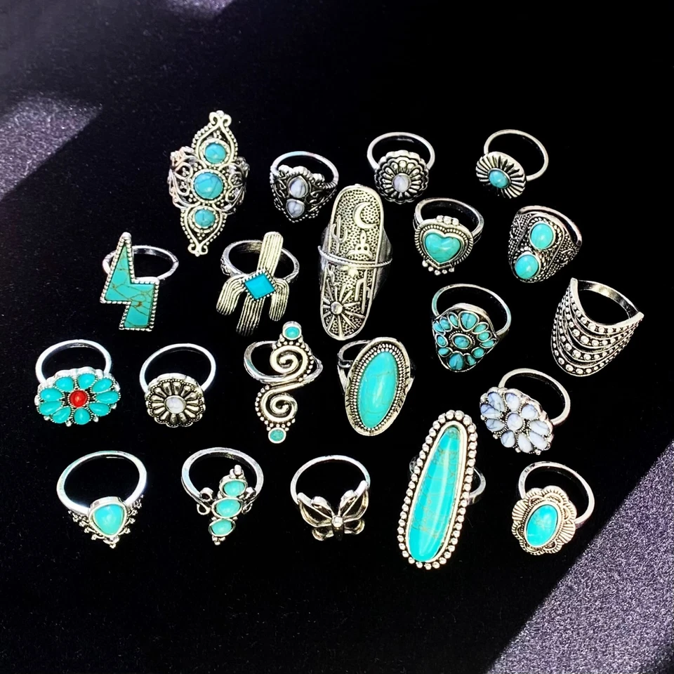 Anillos vintage de piedra turquesa bohemia de 20/30/50 piezas para mujer enchapados en plata joyería Foto 4 de 4