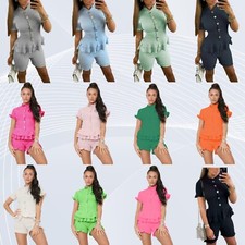 Womens Ladies Fine Ribbed Short Sleeve Frill Button Shorts Set Co ord Loungewear