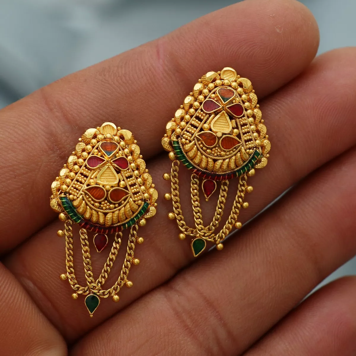 22K Yellow Gold Earrings Fine Jewelry Traditional Vintage Indian