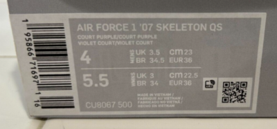 Nike Air Force 1 Low '07 QS Purple Skeleton Halloween Size 4