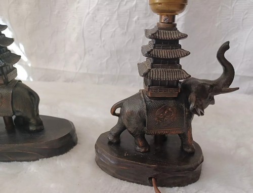 Vintage Pair Of 2 Elephant Metal Wood Base lamp pair working MCM BOHO - Picture 14 of 18