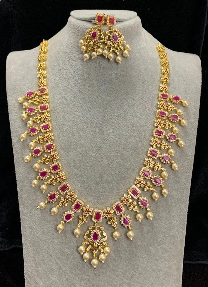 Gold Plated Bollywood Style Indian CZ Ruby Red Necklace Earrings