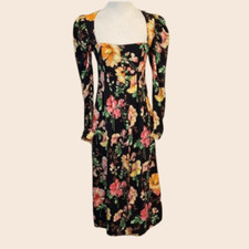 Reclaimed Vintage Black Floral Cottagecore Midi Tea Dress Size 2