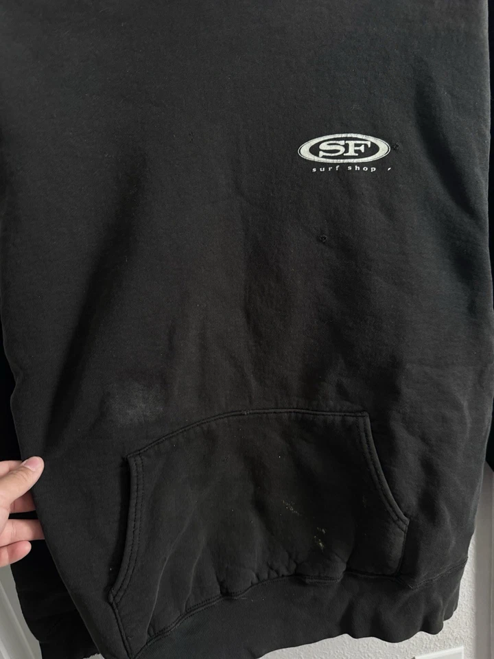 Sudadera con Capucha Vintage Años 90 Fruit Of The Loom Negra Desteñida por el Sol Surf Shop Talla L Foto 3 de 4