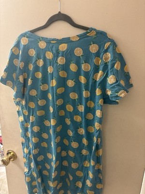 Blue Lemon Fruit Print Cotton Knit Sleepshirt Women's Short Sleeve Pocket