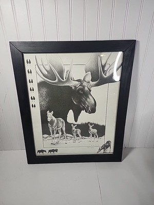 Vtg 90's Moose Cabin Black & White Framed Wall Art Print 23''x19'' Wildlife