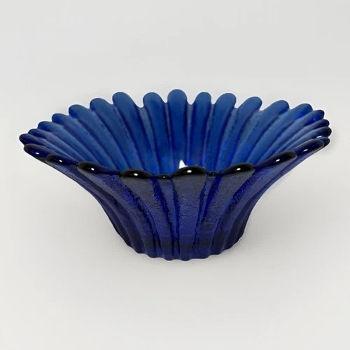 Vintage Blenko 7" Blue Glass Daisy Bowl Large Handcraft Studio Art Sunflower