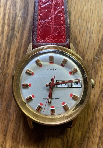 Vintage 1974 Timex Marlin Day Date Manual Wind Men’s Watch Runs “Lipstick” Red!