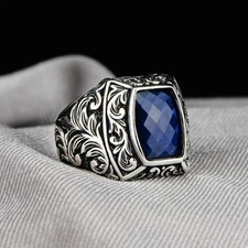 Men Blue Stone Sapphire Stone Ring  Zircon Turkısh Handmade Ring