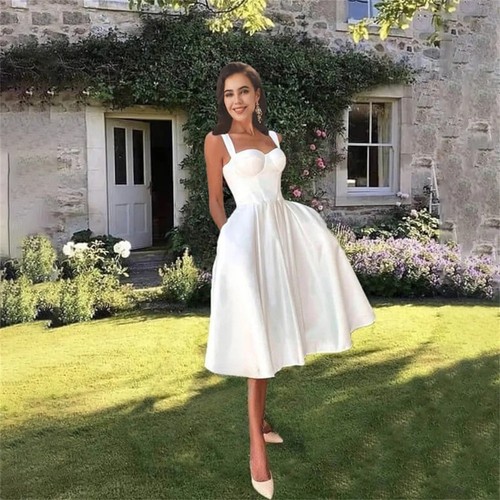 Elegantes kurzes A-Linie Brautkleid Spaghettiträger wadenlang Satin Brautkleider - Bild 2 von 7