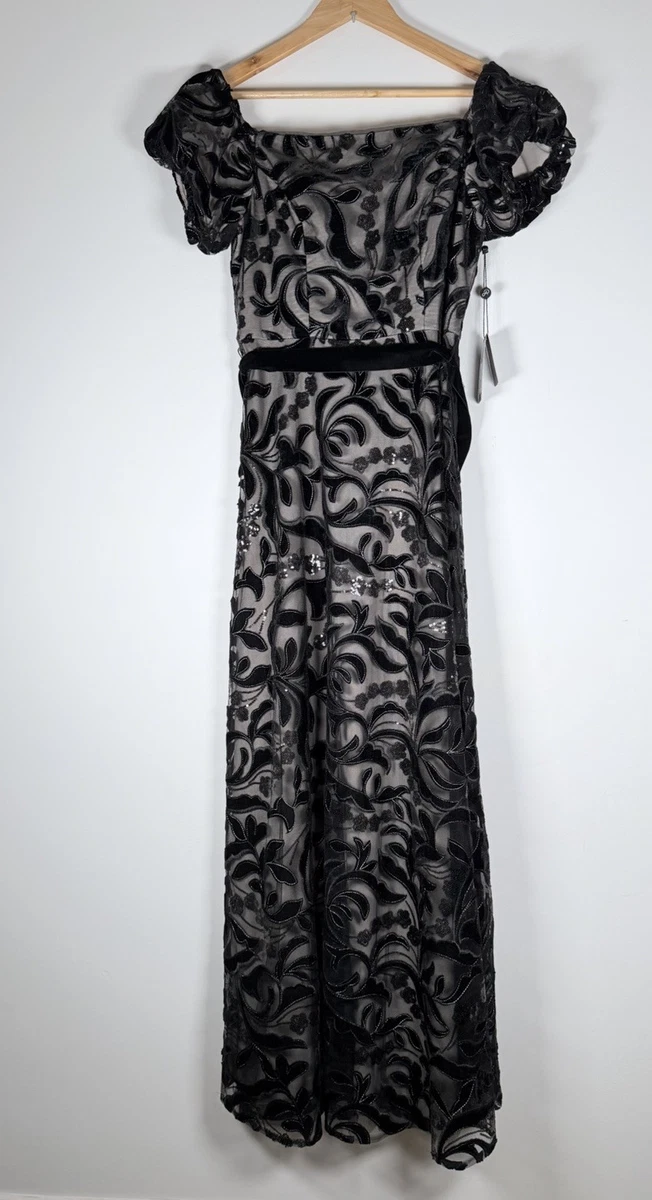Maxi Vestido Adrianna Papell Negro Desnudo Lentejuelas Terciopelo Adornado Reino Unido 14 Nuevo con Etiquetas