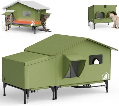 PELUOMOZ Outdoor Heated Cat House with Feeding Station – Waterproof Combo, Green