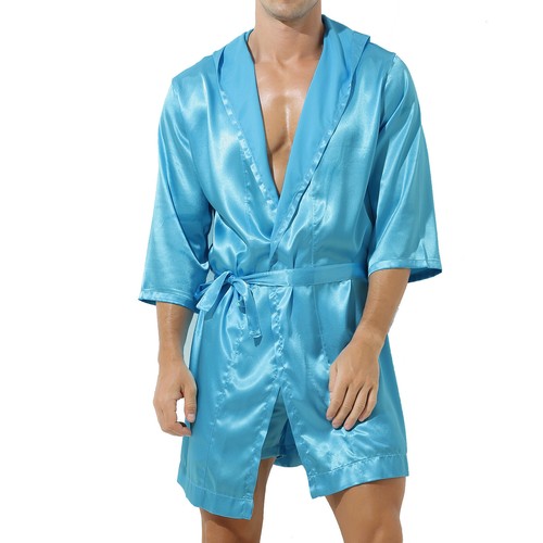 Mens Long Bathrobe With Shorts Sleepwear Shirt Hooded Nightgown Nightwear Set - Picture 72 of 90