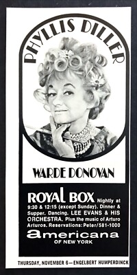 1969 Comedian Phyllis Diller photo Royal Box Americana Hotel vintage print ad