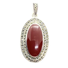 Large Oval CARNELIAN Stone PENDANT Marcasite Stones .925 STERLING SILVER