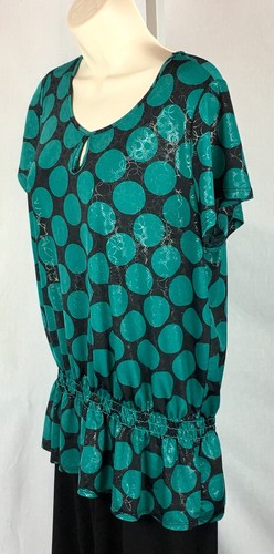 Dressbarn Blouse Womens Size L Large Black Silver Green Polka Dot Short Sleeve - Picture 3 of 6