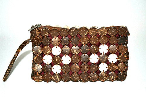 Coconut Shell Beaded Clutch Bag Zip Pouch Wallet Flat Round Island Pendants Case - Picture 1 of 7