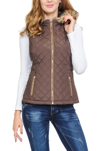 Chaleco acolchado ligero con capucha de piel con cremallera para mujer Auliné Collection - Imagen 15 de 109