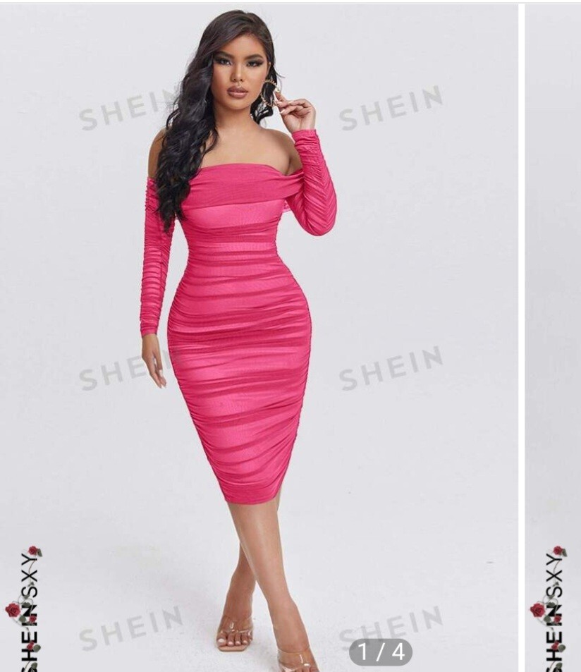 Women Off Shoulder Ruched Side Midi Dress Hot Pink Size M