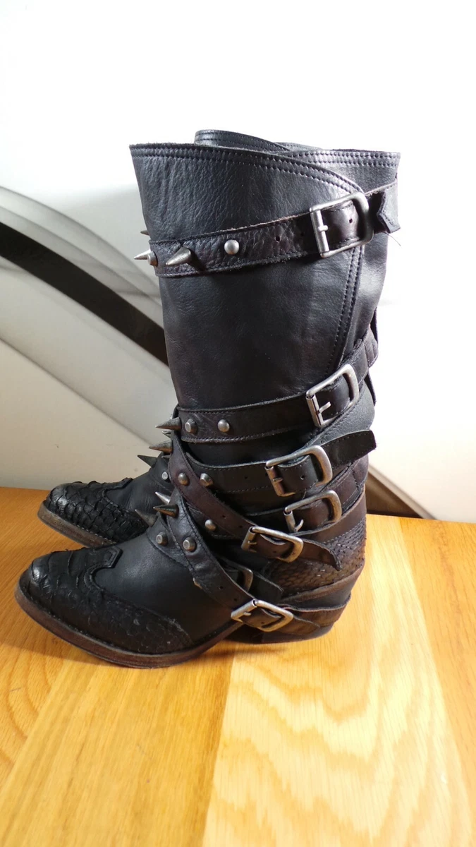 BOXED ALL SAINTS Ebony Spike Studded Buckle Python Cowboy Festival Boots 37 UK 4