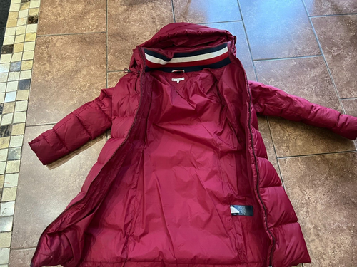 Tommy Hilfiger Down Coat £320, Red Nylon Global Stripe / XS UK 8 - Picture 7 of 10