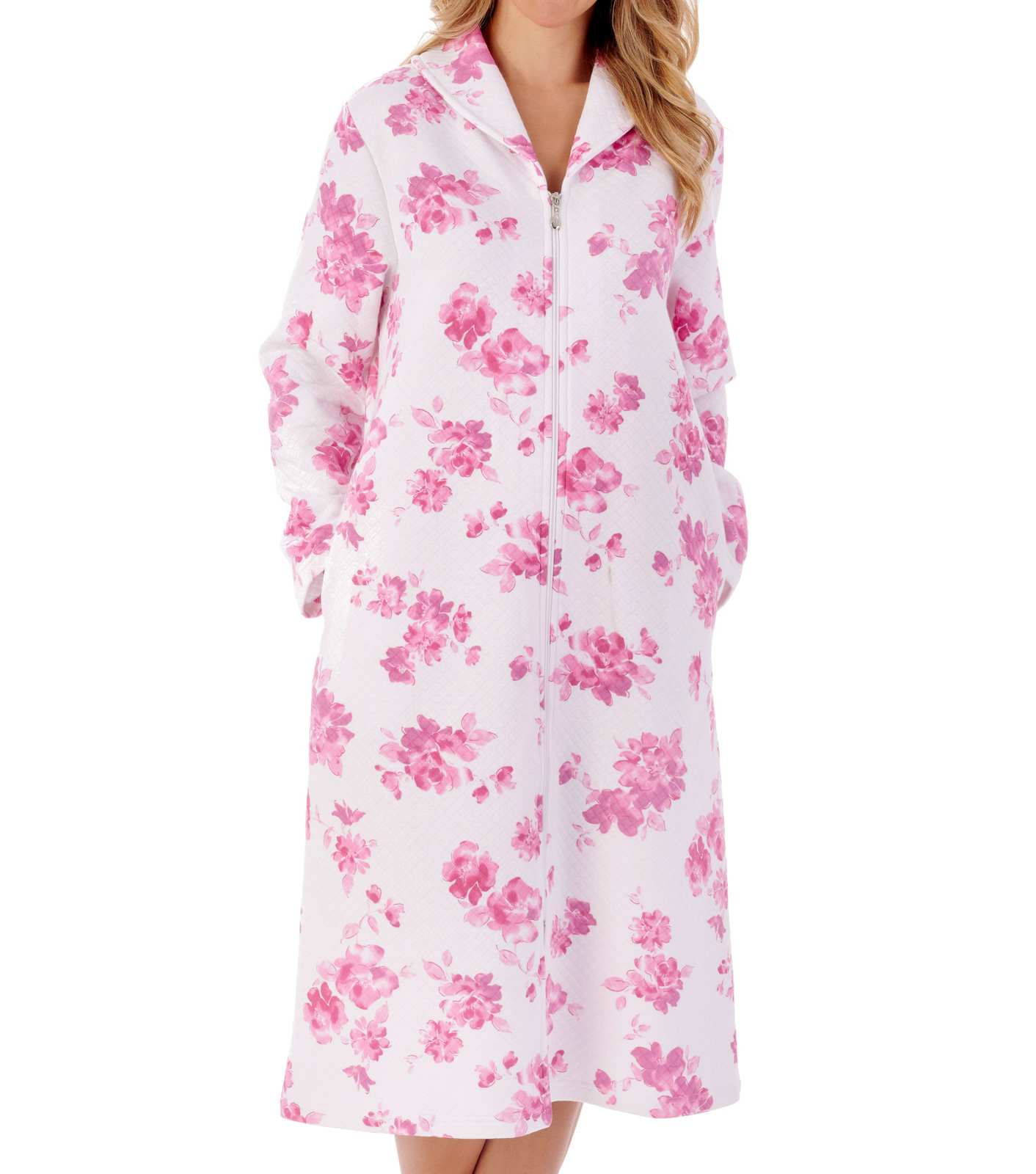 Slenderella Ladies Floral Dressing Gown Zip Front Mock Quilt Housecoat