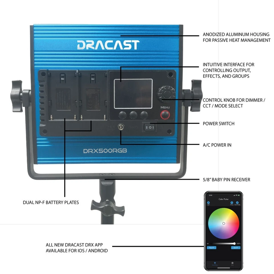 Dracast LED500 X Series RGB and Bi-Color LED Light with Dual NP-F Battery Plate - Image 4 of 4