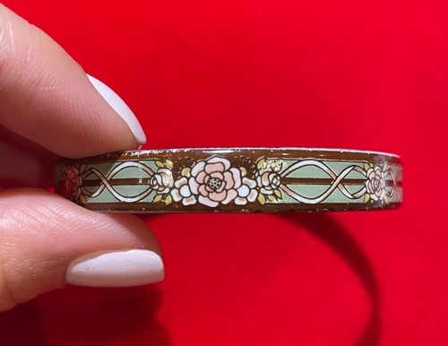 1970' Michaela Frey Brown Pink Green Floral Enamel Bangle Bracelet AUSTRIA DB5 - Picture 2 of 6