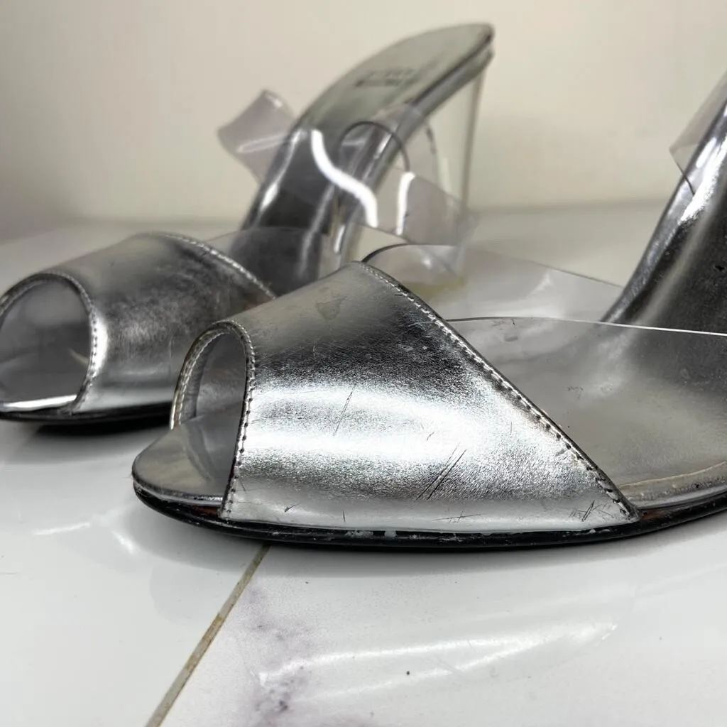 Stuart Weitzman Silver Clear Lucite Slingback OVERSEE Wedge Sandals 7.5 M