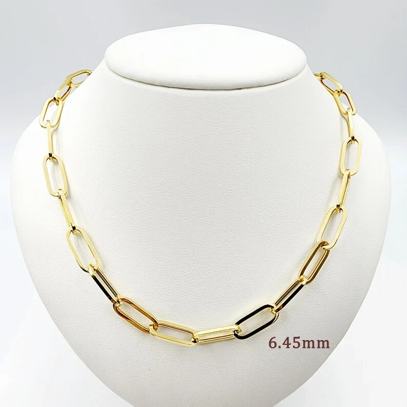 Pure& Solid Sterling silver Paper Clif Chain Link Necklace14k Yellow Gold Plated