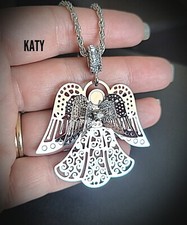 3D Large Silver Angel Wings Protection Pendant Rope Chain Crystal Necklace Gift 