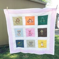 Baby Quilt Animals 48"x48" Pink Boarder Hand Made Squares Embroidered Applique