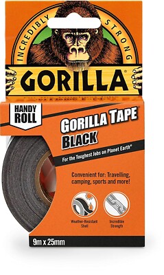 GORILLA TAPE To-Go Black 9m x 25mm Handy Roll, Dickes Starkes Gewebe, Wetterfest