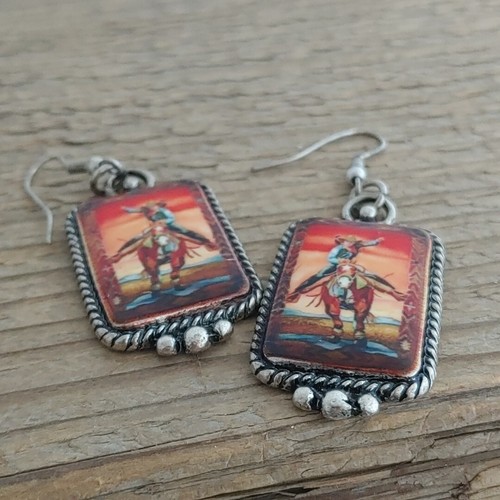 Western Cowgirl Earrings Dangles Silver Tone Sunset Horse Barrel Racer Rope Edge - Picture 3 of 6