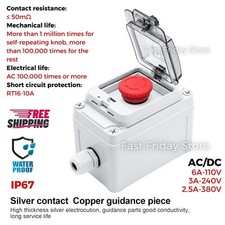 Emergency Stop Switch Red Push Button Outdoor Waterproof Box w/ Cover IP67 6Amp