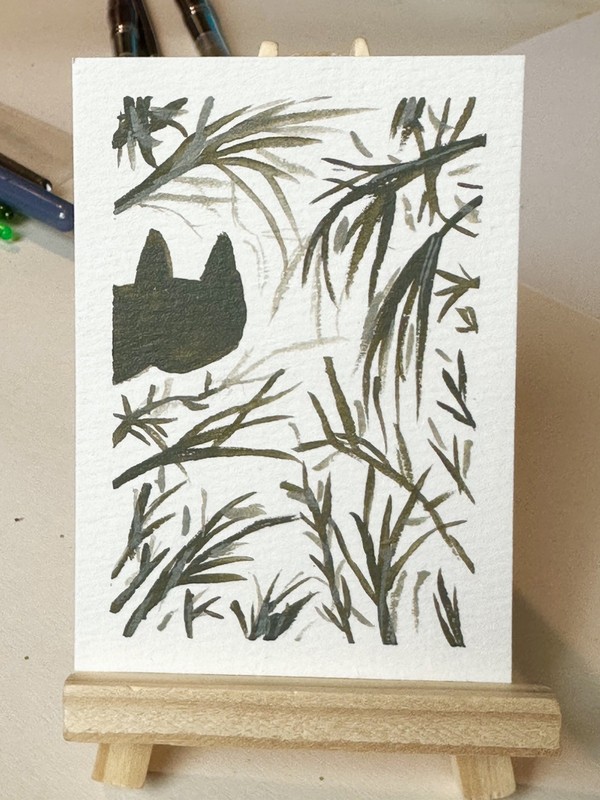 ACEO ORIGINAL Art Watercolor Cat In The Jungle Miniature Painting