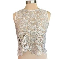 Sans Souci Beige Sheer Lace Sleeveless Cropped Top Sz SMALL Fairy Coquette Glam