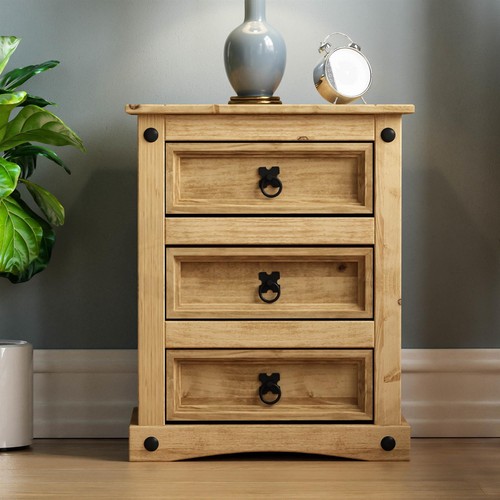 Corona 3 Drawer Bedside Chest Cabinet Table Mexican Solid Waxed Pine Bedroom - Picture 3 of 7