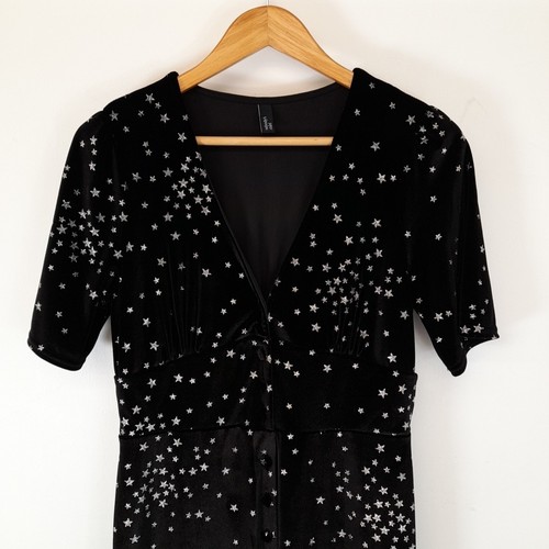 Nobodys Child black Stretch Velvet Silver Star Pattern Midi Dress Size UK 12 - Picture 2 of 9