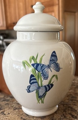 Vintage FTD Blue Butterflies ceramic Ginger Jar vase with Lid Circa 1960