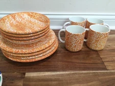 12pc  Tre Ci Italy orange BATIK service for 4 cup plates pasta bowls exc