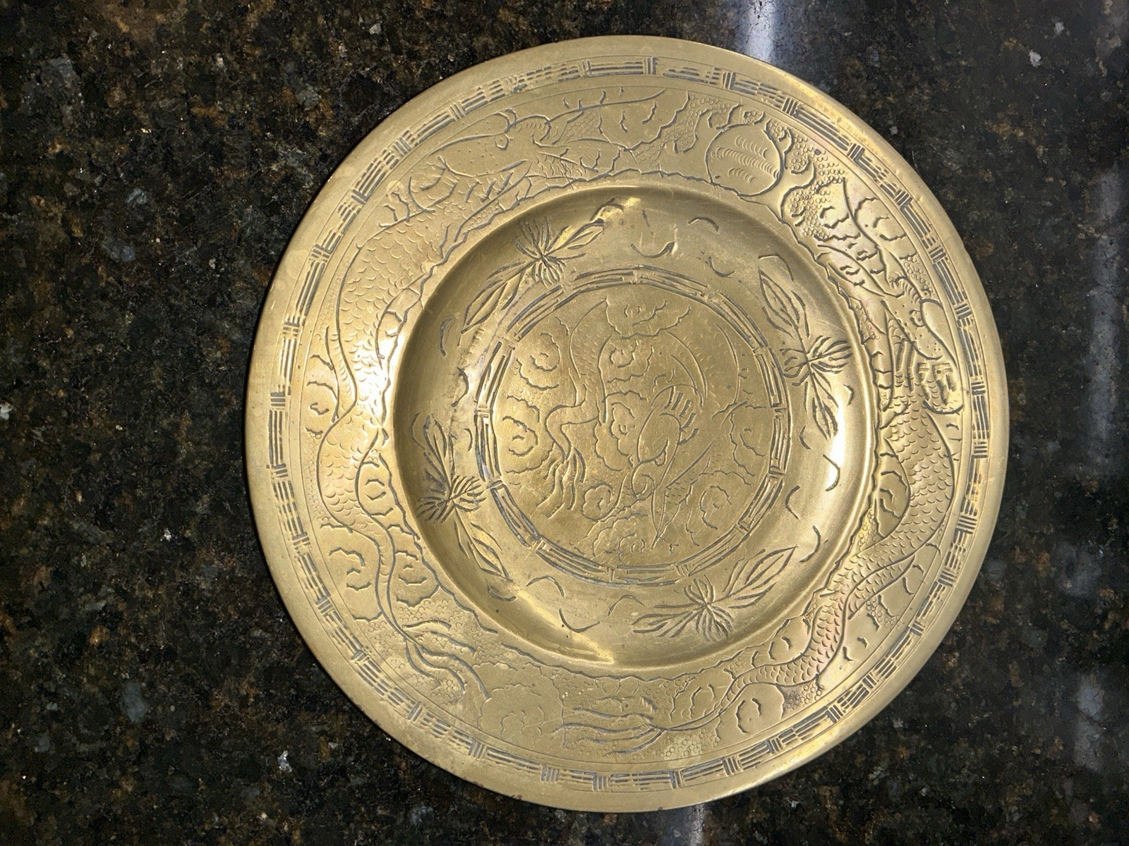 Antique Chinese Brass Dragon Plate Charger 20cm Signed Xuande Mark Export c1900