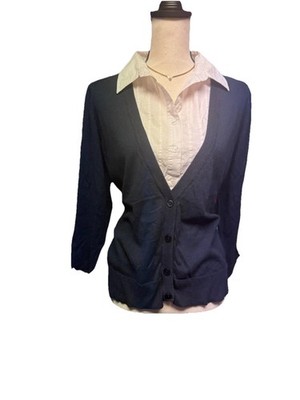 Jaclyn Smith Blue Contrast Collared Layered Polo Preppy Cardigan Sweater Size L