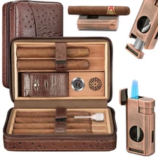 Cigar Case, Leather Cigar Humidor with Cigar Lighter, V Cut Cigar Cutter, Cig...