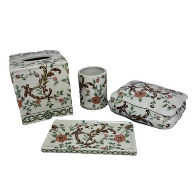 Amita Porcelain Green Floral Bathroom Set Tray Tumbler Tissue/Trinket Box EUC