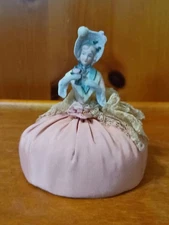Antique Lady Half Doll Southern Bonnet Porcelain Pink Pin Cushion Lace 4.75"